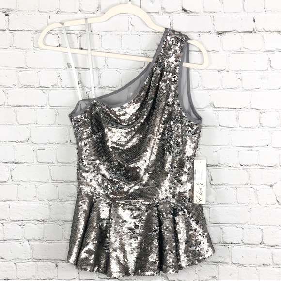 Eliza J Silver Sequin One Shoulder Peplum Top NWT - Picture 2 of 5